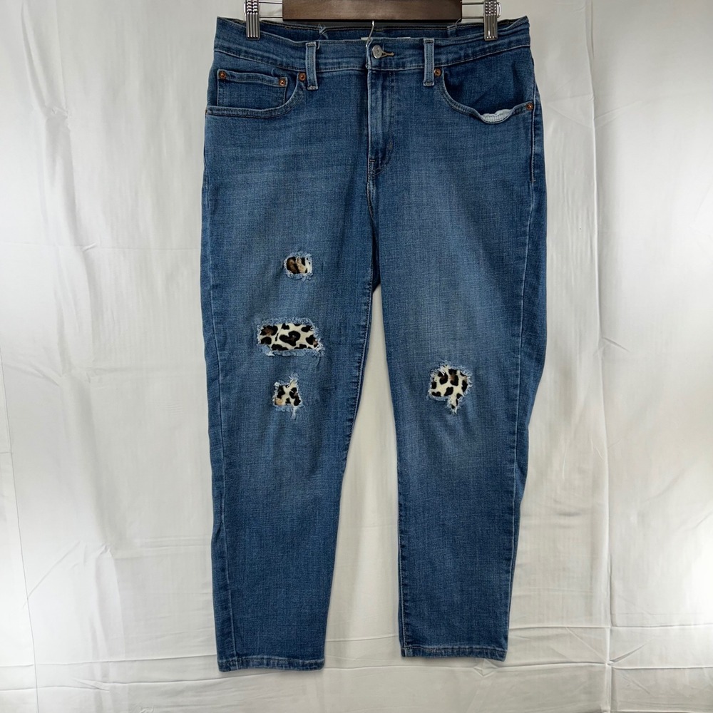 Levis Boyfriend Jeans Womens 30 Blue Leopard Print Distressed 31x25.5